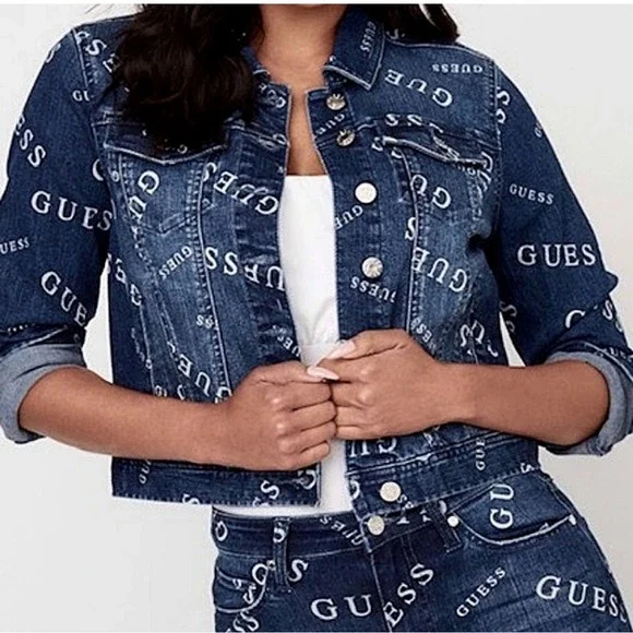 Guess Logo Print Cropped Blue Denim Jean Jacket Size Medium Y2K Streetwear - Picture 1 of 9